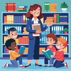 A Teacher Guiding Students Through Books in a School Library, With Shelves Full of Books in the Background Vector art Illustraion 