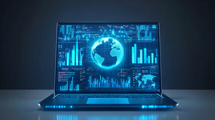 3D Laptop on White Background with Floating Holographic Compliance and Financial Planning Icons - Close-Up for Business Strategy and Responsibility Visuals