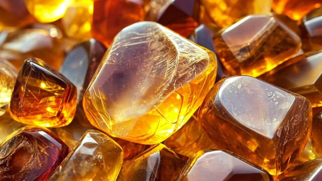 A close-up view of polished amber stones, capturing the warm glow and intricate patterns of the fossilized resin