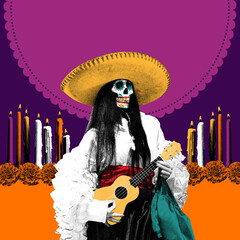 Female skull adorned with sombrero and flower garland, playing ukulele against vibrant orange...
