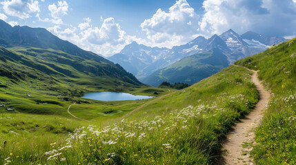 Obraz premium A panoramic view of towering mountains with a winding hiking trail leading to a sparkling blue lake nestled in the valley, surrounded by lush greenery and wildflowers in bloom. pho