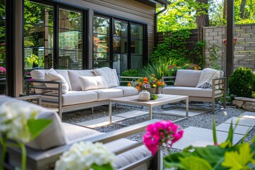 Fototapeta premium Modern Outdoor Seating Set with White Metal Frame and Light Wood on Suburban Patio