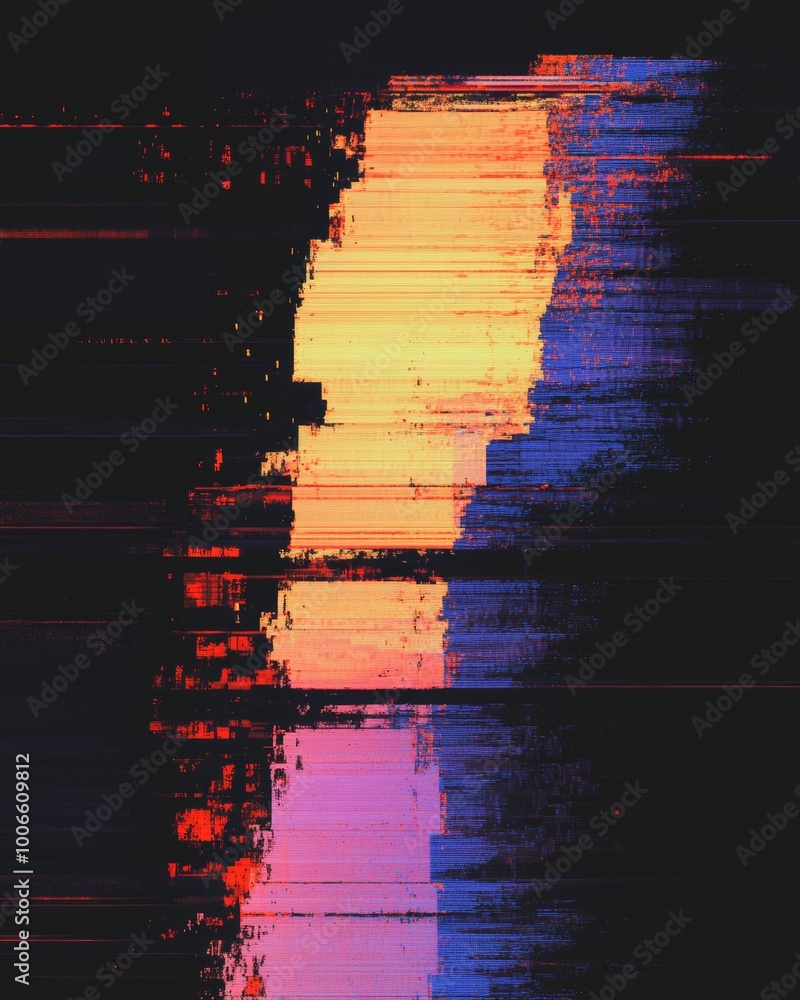 Poster a visually intriguing piece of glitch art with contrasting colors that transforms a digital landscap