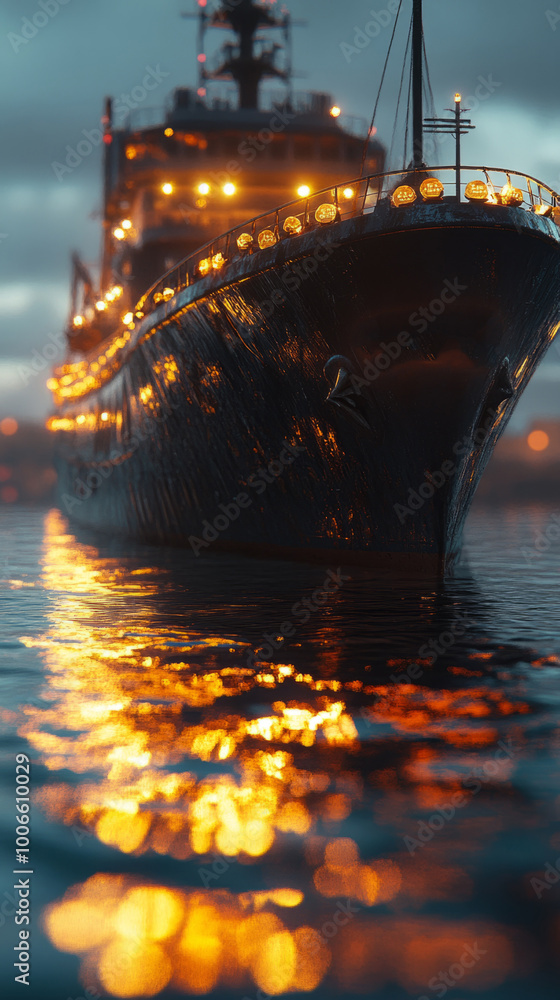 Poster a large ship is floating in the water with the sun setting in the background