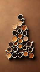 Christmas tree coffee cups on a brown background. Vertical orientation, top view.
