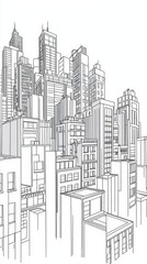 A minimalist line art illustration of a modern city skyline, showcasing skyscrapers and urban architecture in a stylish design.