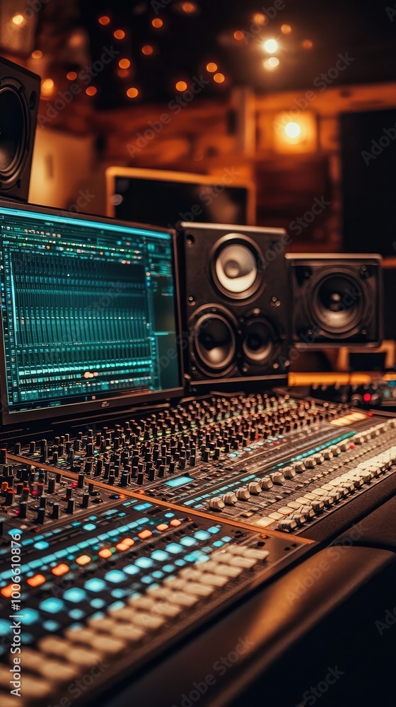 Poster a modern audio mixing console in a professional recording studio, featuring advanced technology and 