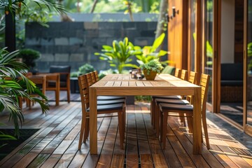 Obraz premium Teak Wood Dining Table with Chairs on Outdoor Patio Surrounded by Greenery and Wooden Flooring