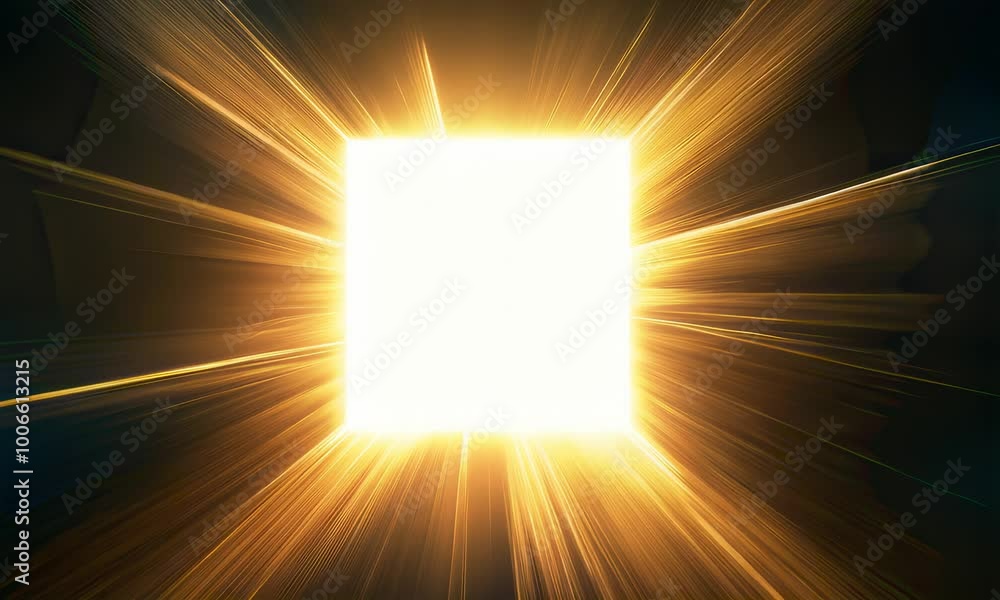 Poster a bright, white square emanating light rays in a burst of golden light against a transparent backgro