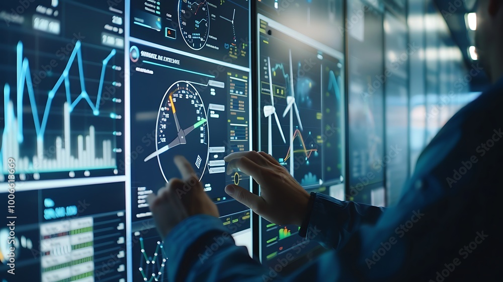 Poster engineer’s hands operating control panel amidst wind turbine data screens
