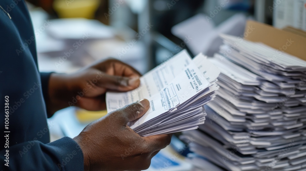 Aufkleber office clerk sorting through stack of invoices and receipts