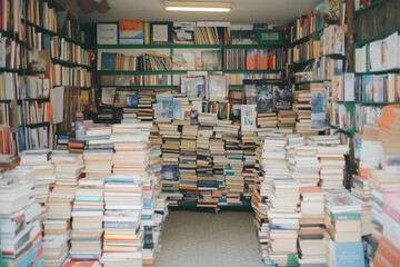 Obraz premium Bookshelf Overflowing with Books Secondhand Bookstore Interior Stacked Books Literature