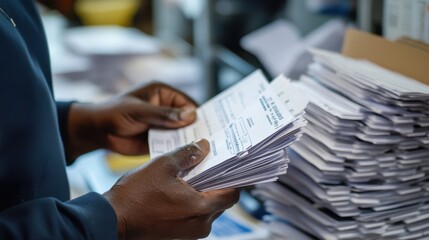 Office clerk sorting through stack of invoices and receipts