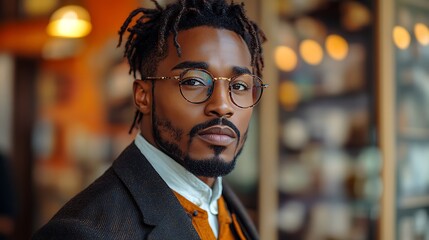 Obraz premium Confident Black man with dreadlocks and glasses looking directly at the camera