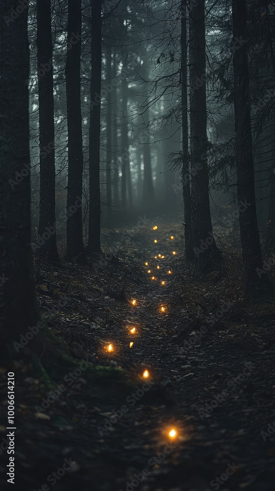 Poster a mystical pathway illuminated by glowing candles, surrounded by dense, foggy forest trees, creating