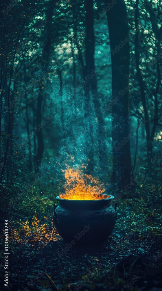 Poster a mystical pot of fire burns in a dark forest, surrounded by enchanting trees and soft mist, creatin
