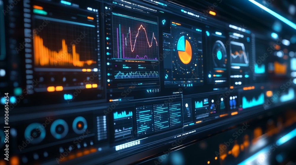 Poster a vibrant digital dashboard showcasing dynamic data insights with graphs and charts, illustrating an