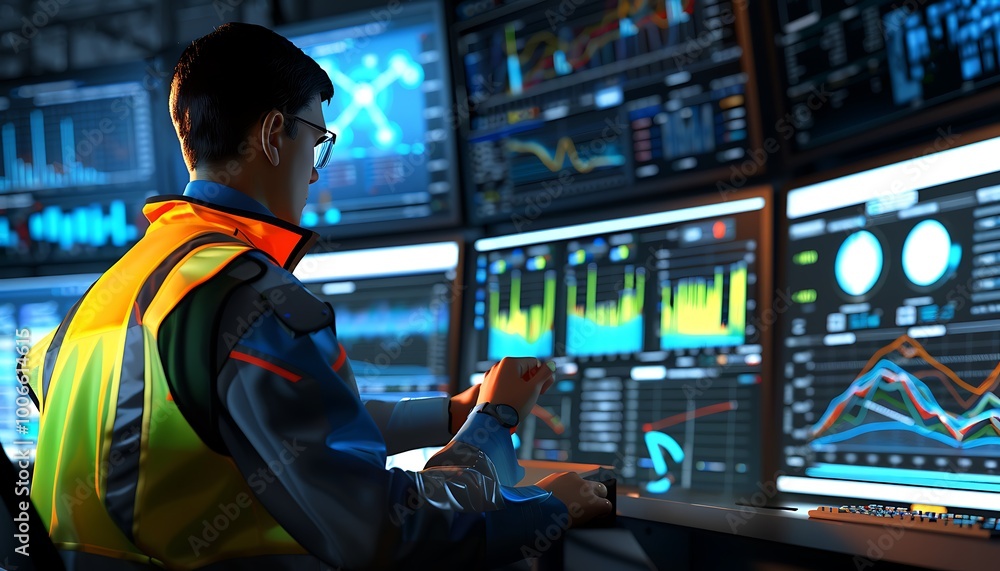 Aufkleber Engineer Operating Touchscreen Displaying Wind Turbine Analytics