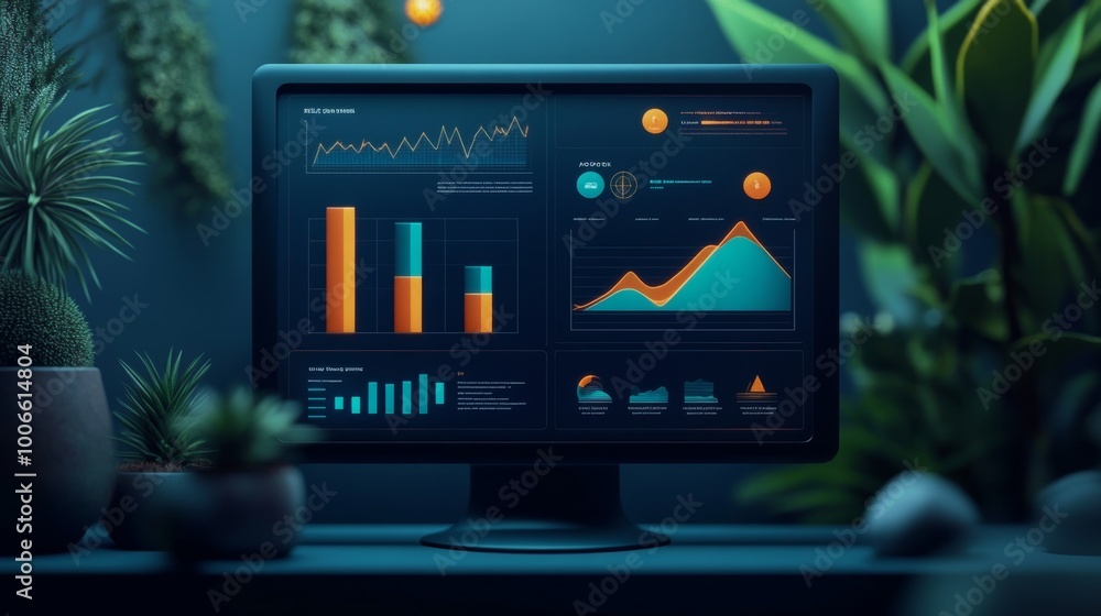 Poster computer display featuring graphs and charts illustrating data analysis, reflecting keen business in
