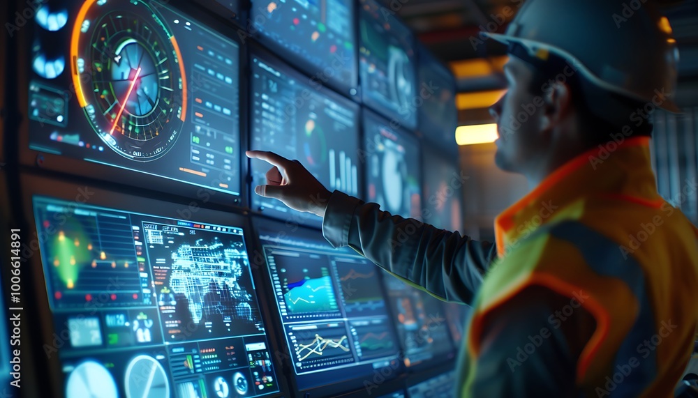Poster Engineer Operating Touchscreen Displaying Wind Turbine Analytics