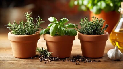 A beautiful display featuring rosemary, thyme, and basil arranged in small ceramic pots on a wooden kitchen table.