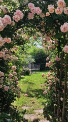 Obraz premium A picturesque garden pathway adorned with blooming pink roses, inviting serenity and natural beauty.