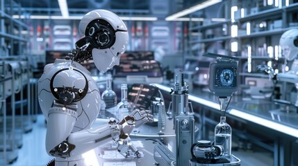 Fototapeta premium Android Working in a Futuristic Lab