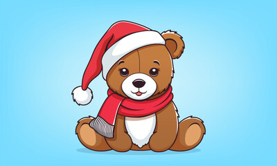 Vector cartoon cute kind beautiful sitting teddy bear in red scarf and Santa Claus hat. Nice toon toy. Merry Christmas and Happy New Year. Light blue background.