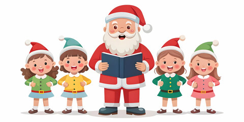 Joyful Santa Singing Christmas Carols with Children - Festive Flat Vector Illustration Capturing Holiday Cheer and Camaraderie