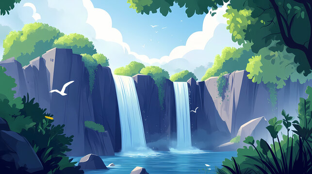 A dramatic cliffside view with cascading waterfalls. cliffside view. illustration. Cliffside Waterfall. Illustration