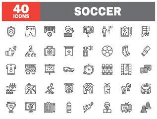 Set of 40 line icons soccer. Outline icon collection. Editable stroke. Vector illustration.