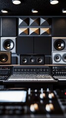 Fototapeta premium A professional recording studio with soundproof panels, mixing console and speakers.
