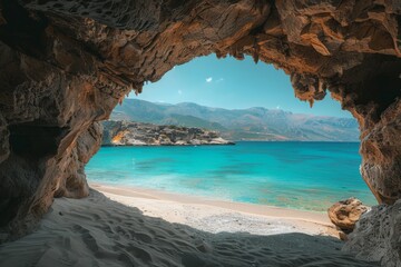 Ancient Cave View of Turquoise Water and Sandy Beach in Greece