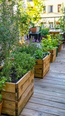 A row of wooden planters filled with lush green herbs on a sunny balcony.