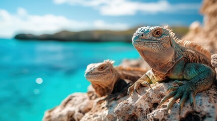 Iguanas Resting on Sunlit Rocks by the Ocean