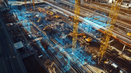Fototapeta premium Dynamic construction site with digital overlays illustrates architectural progress and technological innovation in building design.