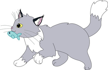 cute happy gray cat with white paws walking and carrying fish in mouth, stock vector