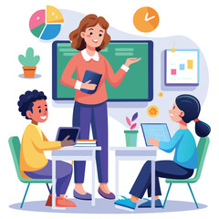 A Teacher Using a Smartboard and Tablet, Explaining a Digital Lesson to a Classroom Full of Students. Vector art Illustraion 
