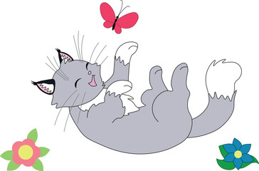 cute gray cat with white paws happy and laughing lies on his back among flowers and plays with a butterfly with his paws, stock vector