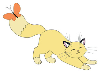 a contented yellow beige cat with a fluffy tail stretches with her eyes closed, a butterfly sits on her tail, stock vector