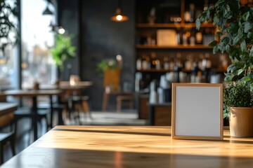 Stylish bar menu presentation with a blank frame against a blurred cafeteria background