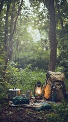 Fototapeta premium A serene camping scene with an illuminated lantern, backpack, and cooking gear amidst lush green forest surroundings.