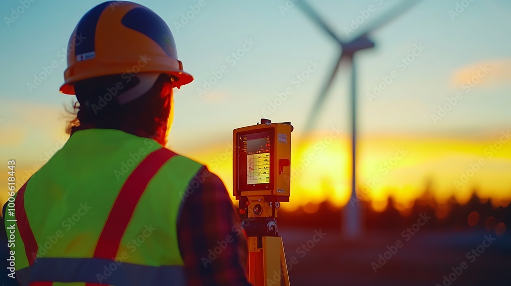Poster engineer holding wind measuring device with turbine blade background