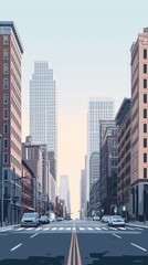 Fototapeta premium A serene cityscape featuring tall buildings, clear skies, and an empty street, perfect for modern urban illustrations.