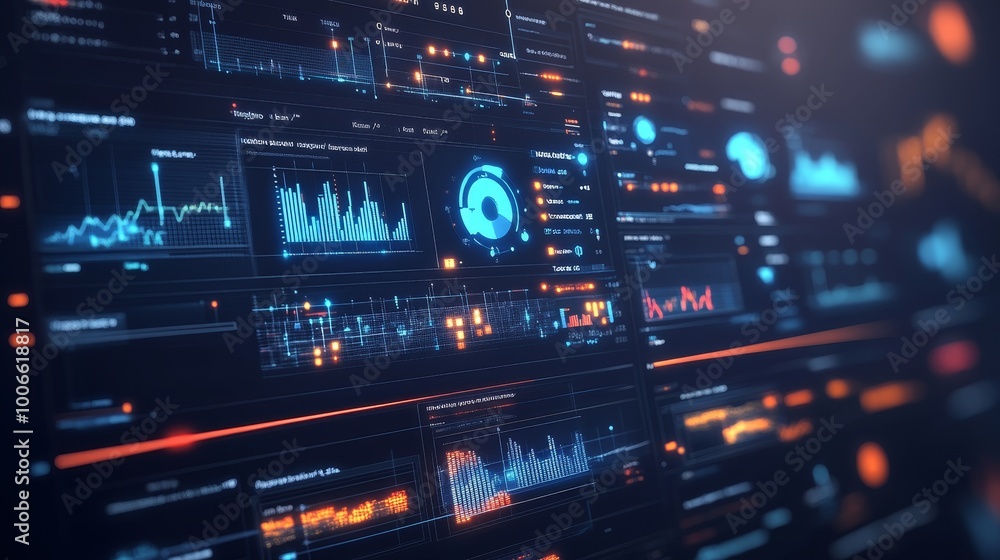 Poster a complex digital dashboard showcasing data analytics with detailed charts and interface features in