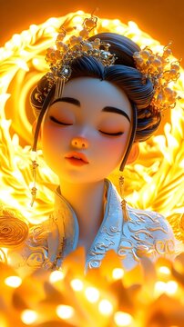 Ethereal Ancient Chinese Bride in Delicate Blue Costume with Floating Leaves and Backlight