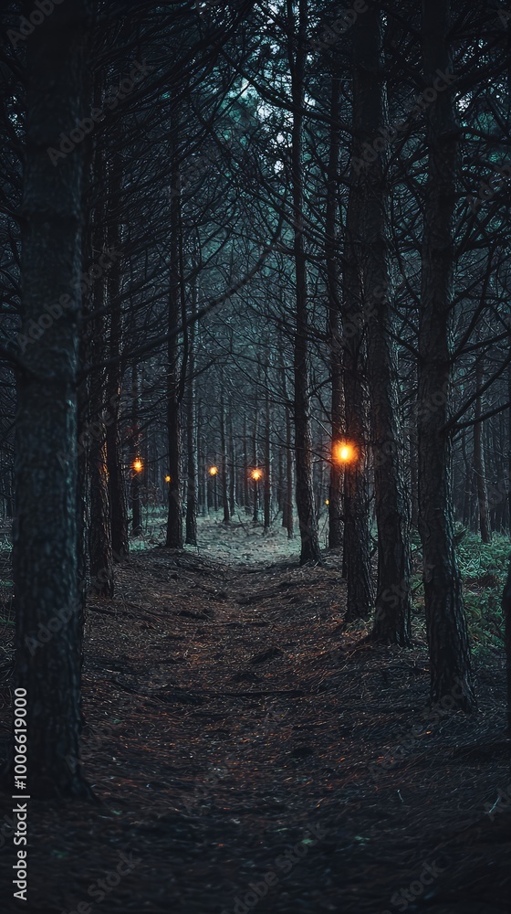 Poster a serene forest path illuminated by warm lights, creating a mystical atmosphere among tall trees at 
