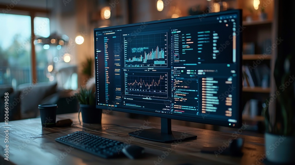 Poster a modern office setting with a computer screen displaying stock analysis charts, blending technology