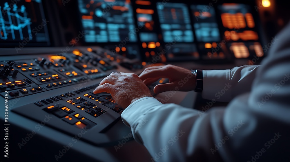 Aufkleber Engineer’s Hand on Keyboard with Wind Turbine Data Screens