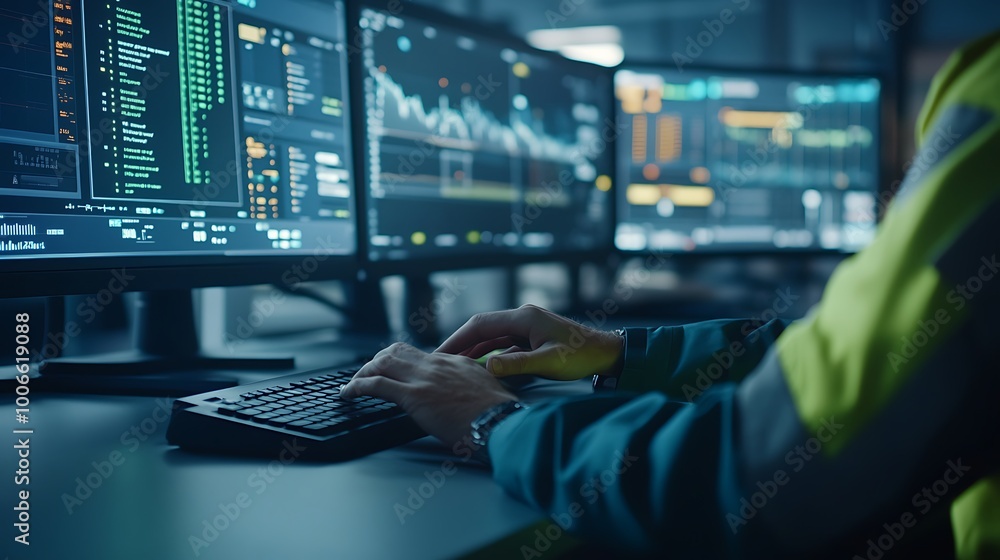 Aufkleber engineer’s hand on keyboard with wind turbine data screens